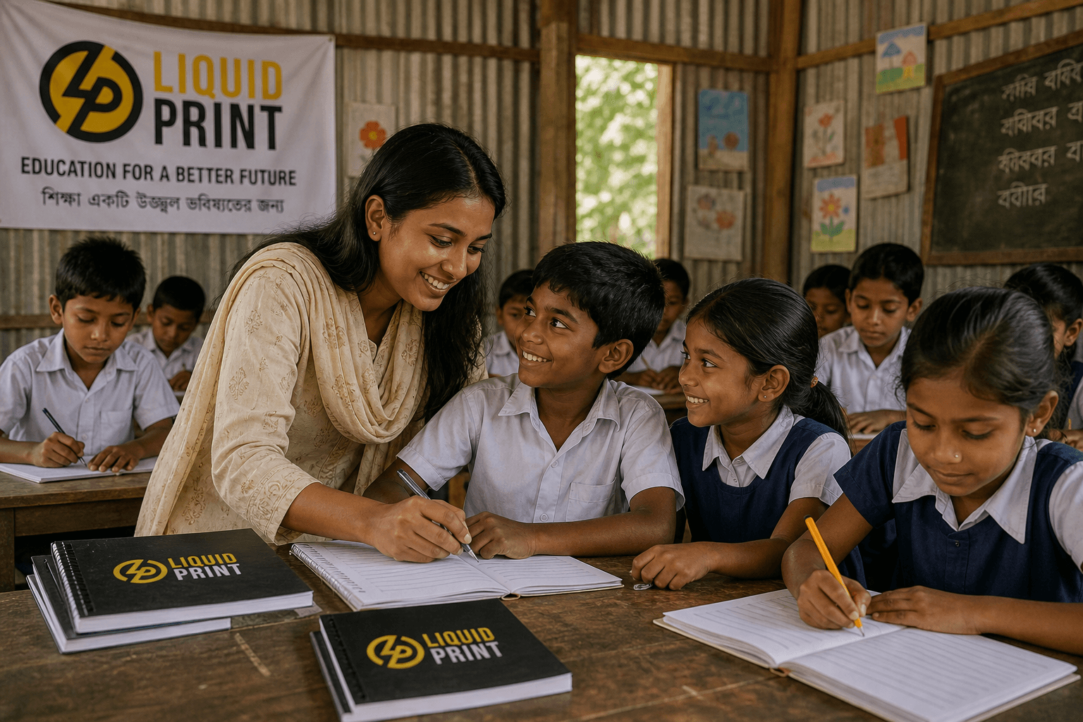 Children in Bangladesh learning in a community classroom with books and school supplies