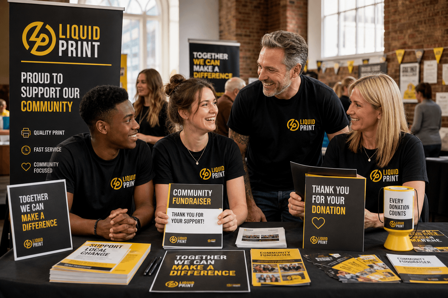 Charity volunteers with printed fundraising posters and leaflets at a community event