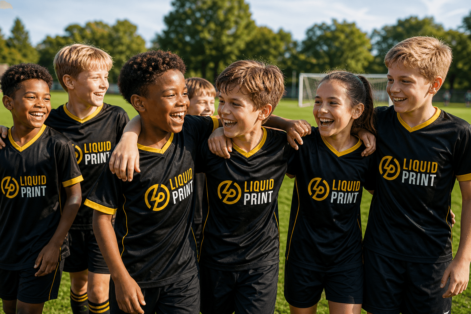 Children's football team wearing sponsored kits on a local pitch