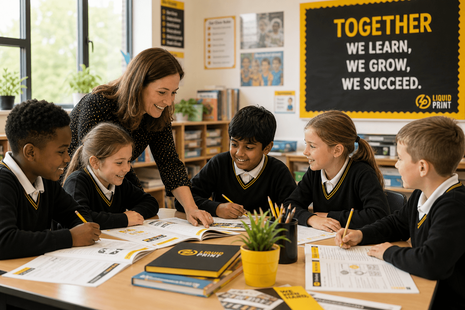 Children learning in a UK school classroom with books and printed materials