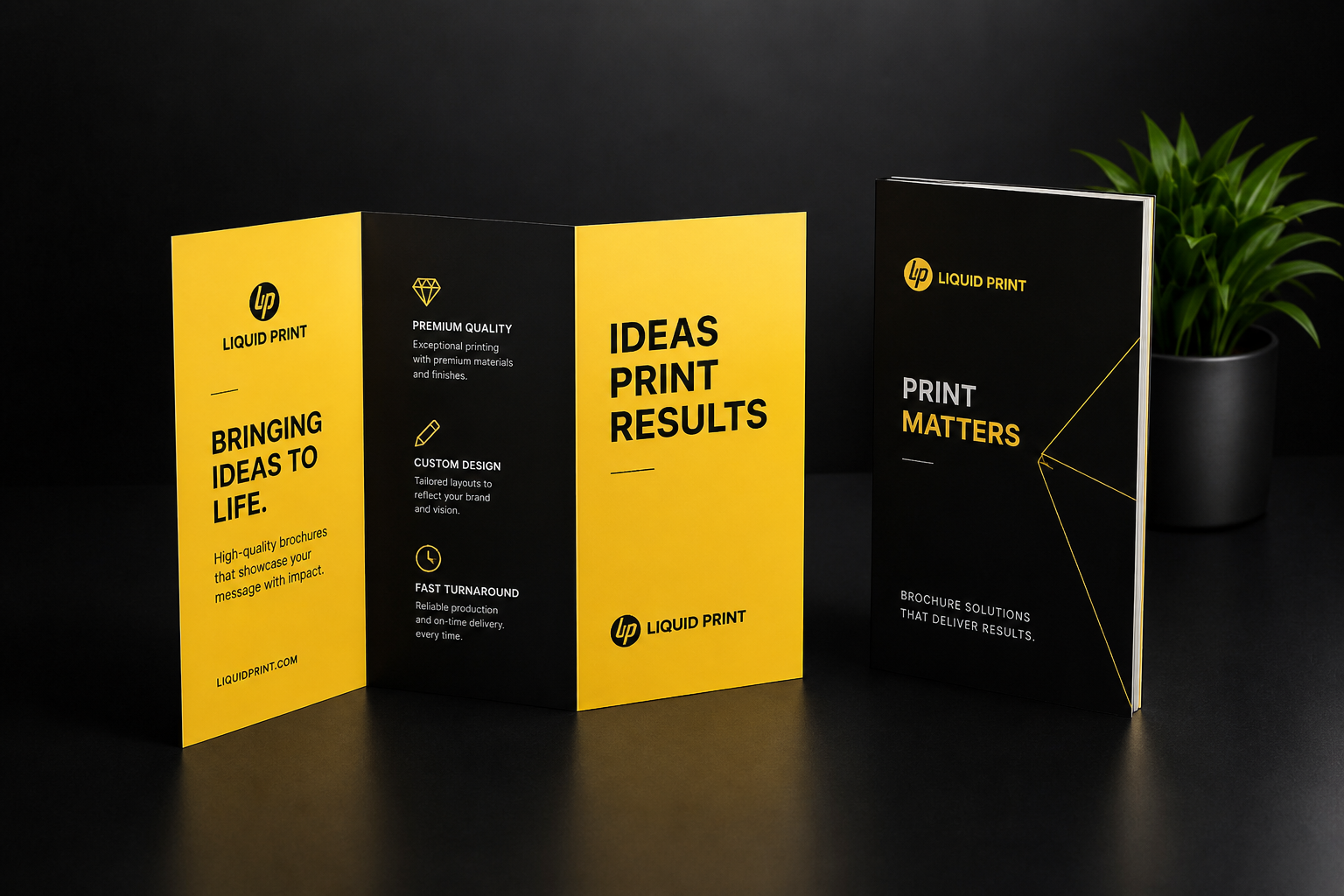 Open printed brochure spread on a neutral surface